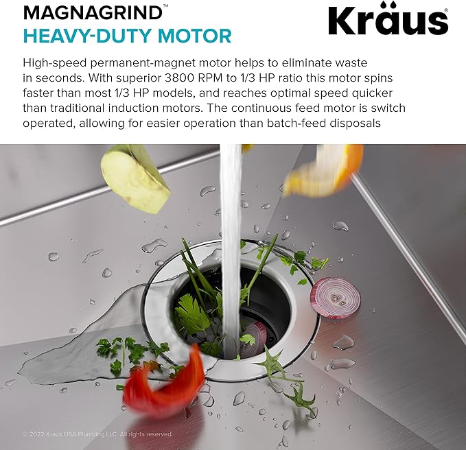 KRAUS WasteGuard 1/3 HP Ultra-Quiet Garbage Disposal with Quick Connect, Kitchen Sink Drain Cover, Power Cord and Flange Included, KWD100-33MBL