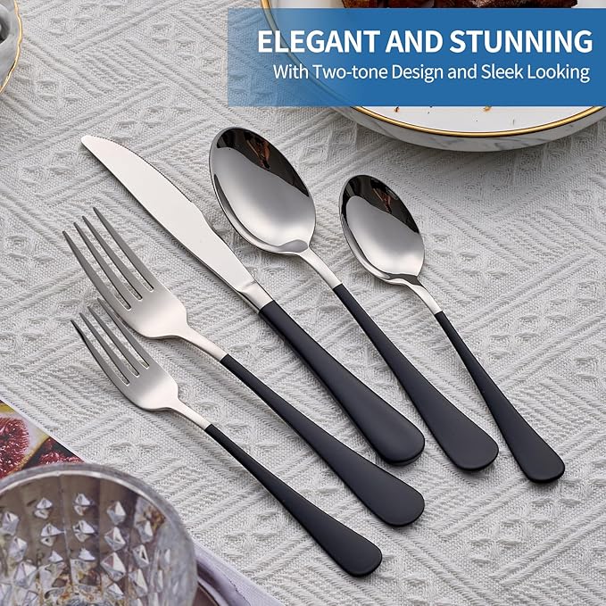 20-Piece Black Silverware Set, 18/0 Stainless Steel Black Handle Flatware Set, Service for 4, Modern Cutlery Set Includes Dinner Knives Forks Spoons, Mirror Polished, Dishwasher Safe