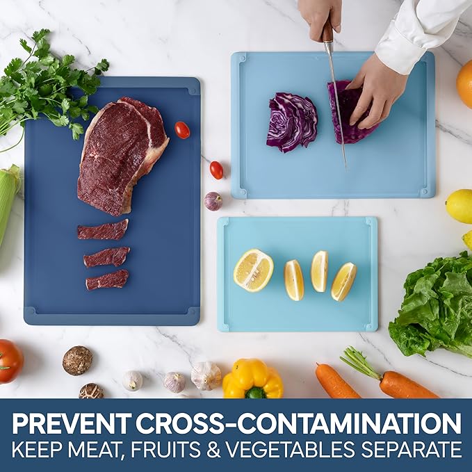 COOK WITH COLOR Extra Large Cutting Board Set, Jumbo-Sized Boards with Rubber Border for Enhanced Cooking Experience, 3-Piece, Blue