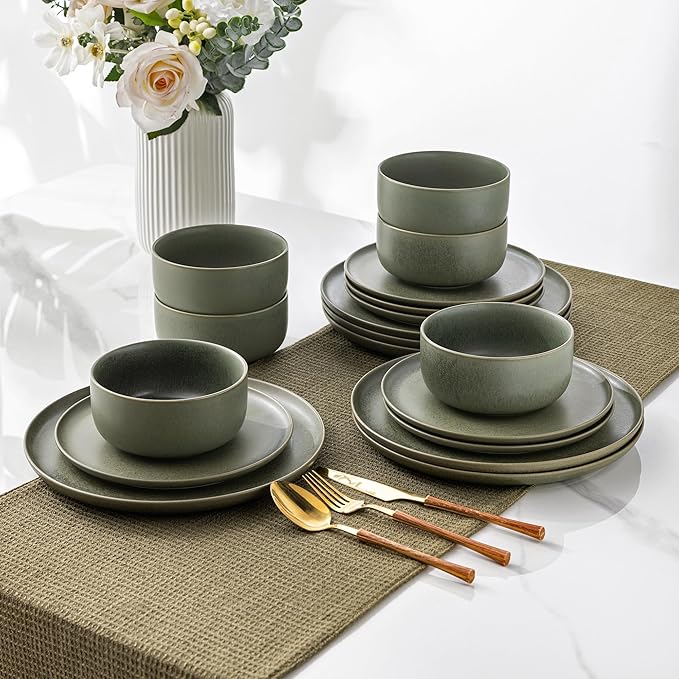 LERATIO Stoneware Dinnerware Sets for 6,Handcarft Ceramic Plates and Bowls Sets,Chip and Scratch Resistant Dishes, Dishwasher & Microwave Safe, Oven safe,Reactive Glaze-Green