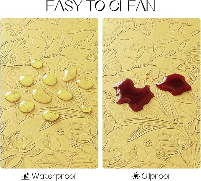 Romanstile Vinyl Placemats Set of 6-12 X 18 Inch - Heat Resistant Non-Slip Embossed Floral Place Mats 100% Waterproof Oilproof Wipeable Faux Leather Table Mats for Kitchen/Dining/Party, Yellow