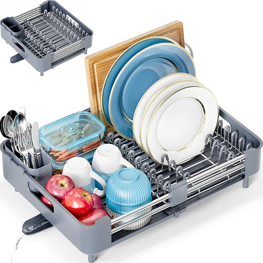 Dish Drying Rack for Kitchen Counter, Extendable Dish Rack with Drainboard, Collapsible Dish Drainer, Expandable Dish Strainer with Cutlery Holder, Foldable Home Countertop Plate Storage Rack, Gray