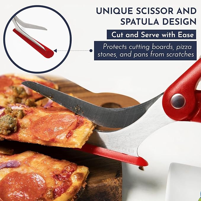 Loftern Red Pizza Scissors - Non-Stick Pizza Scissors with Firm Grip Base - Food Grade Stainless Steel Pizza Cutter - 5-in-1 Food Slicer & Pizza Server - Durable, Safe & Mess Free