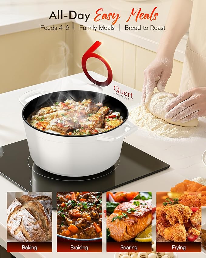 Nuwave 6QT Healthy Enameled Cast Iron Dutch Oven Pot with Lid, Heavy Duty 7-Layer Enamel, Enhanced Rust Protection, Dual Handles, Oven Safe to 500°F for Sourdough Bread Baking, Braise, Stew, Roast