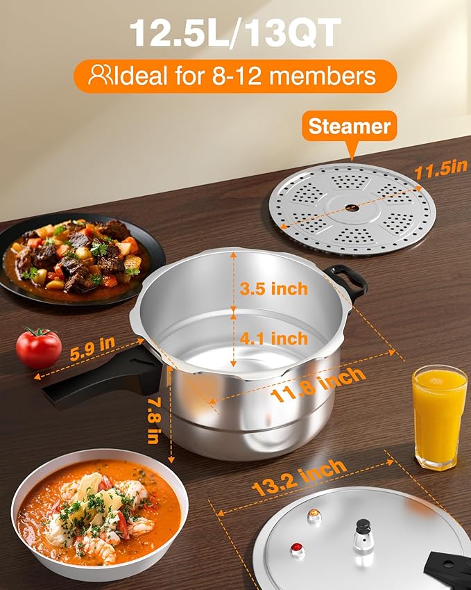 WantJoin 13Qt Aluminum Pressure Cooker w/Release Valve & Multiple Protective Devices,Pressure Canner Compatible with Gas & Induction Cooker,Canner Rack Included