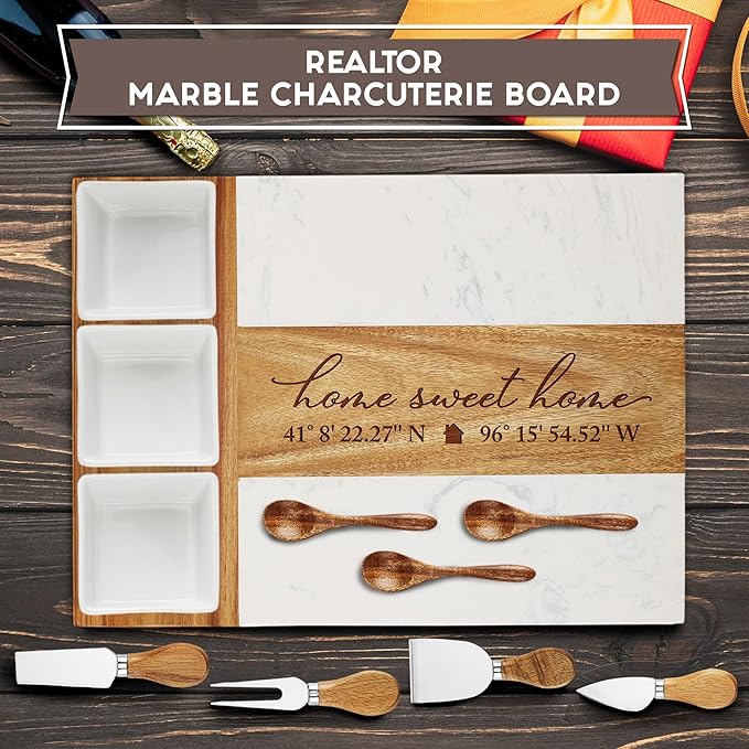 Realtor Gifts,Personalized Marble Wood Charcuterie Board,Real Estate Agent Gifts,Custom Laser Engraved Cheese Serving Board,Realtor Gifts for Women/Men,Cheese Platter,Closing Gifts for Realtors,Buyers