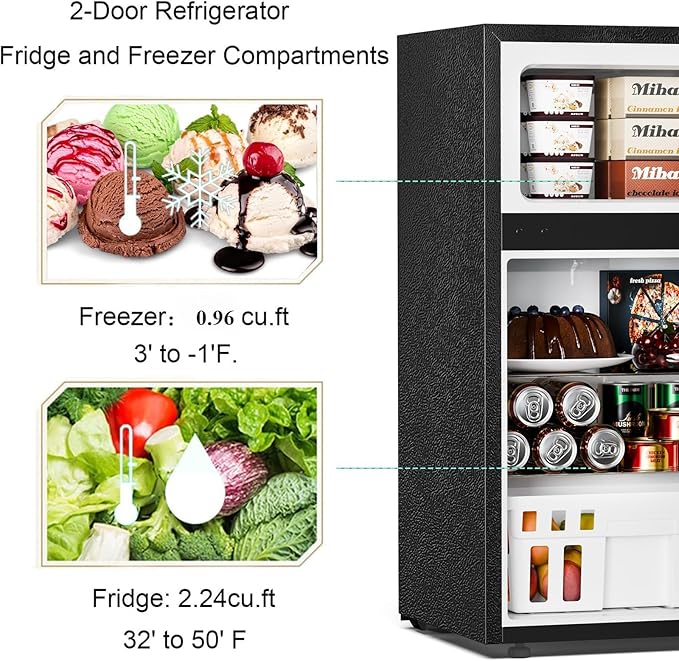 Antarctic Star Mini Compact Refrigerator, 3.2 Cu.Ft. Separate Freezer Double 2-Door Adjustable Removable Shelves for Apartment/Dorm/Office,BLACK