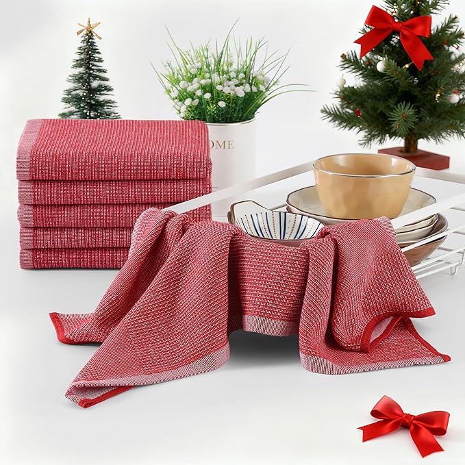 Homaxy Premium Kitchen Towels(18”x 28”, 8 Pack), Large Cotton Kitchen Hand Towels, Flat and Terry Dish Towels, 380 GSM Highly Absorbent Tea Towel Set with Hanging Loop, Red