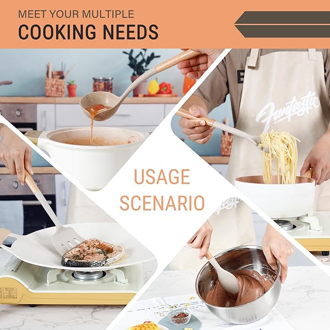 Silicone Cooking Utensils Set, Heat Resistance Large Kitchen Utensils Set with Long Wooden Handle, BPA-free Silicone Spatula, 6 Pcs Cooking Spoons for Non Stick Frying Pans and Pots(Khaki）