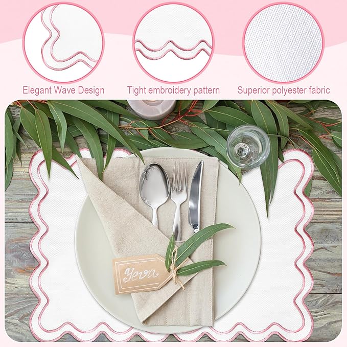 12 Set Linen Placemat 13x19 Wavy Embroidery Scalloped Placemat Double Layered Washable Farmhouse Dinner Table Mat Fabric Napkin for Christmas Hotel Restaurant Wedding Party(Pink)