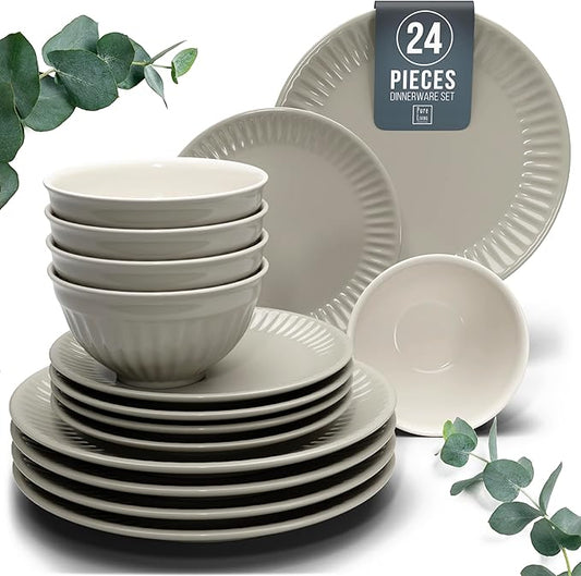 Stoneware Dinnerware Set for 8 People HYGGE 24-Piece - Elegant Scandi Design - Premium Dish Set - Bowl and Plate Set - Tableware for 8 People in a Ribbed Design - Pure Living in Light Brown