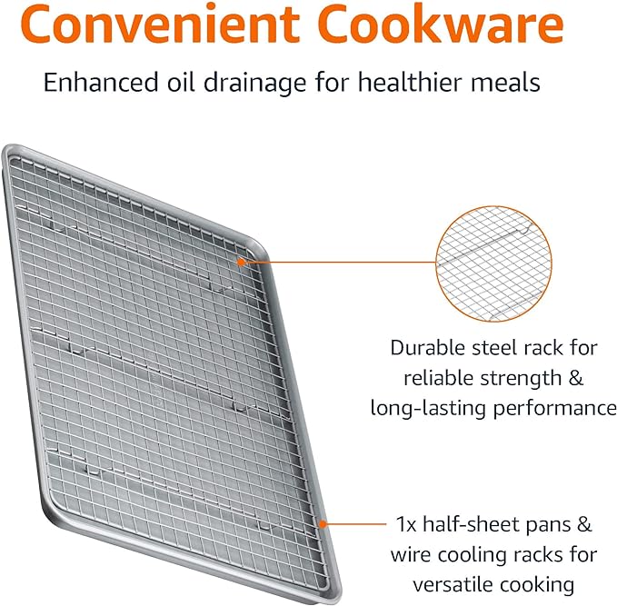 Amazon Basics Ceramic Nonstick Baking Sheet & Cooling Rack Set, Non-Toxic, Half Sheet Size - 1 Pack, Gray