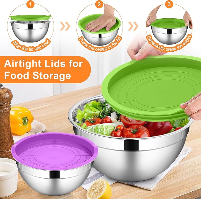 LIANYU Mixing Bowls with Lids Set of 6, Large 7 & 3.5 & 2.5 & 2 & 1.5 & 1QT Stainless Steel Serving Bowls, Kitchen Metal Nesting Bowl for Cooking, Food Storage, Dishwasher & Freezer Safe, Multi-Color