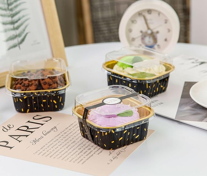 60 Pack Mini Cake Pans with Lids Square Mini Aluminum Pans Pie Tins Flan Containers for Wedding Birthday Party Gift (5OZ, Black Gold Spot)