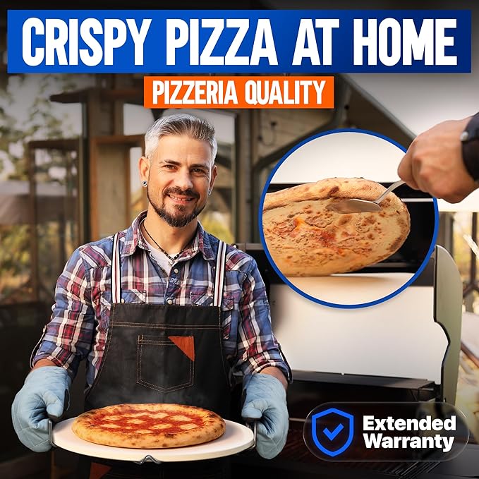 KitchenStar 16-inch Pizza Stone for Oven and BBQ Grill with Handles, Round, 5/8" Thick - Natural Cordierite, 1800 °F Resistant, Baking Stone Set with Stainless Steel Rack & Plastic Scraper Tool