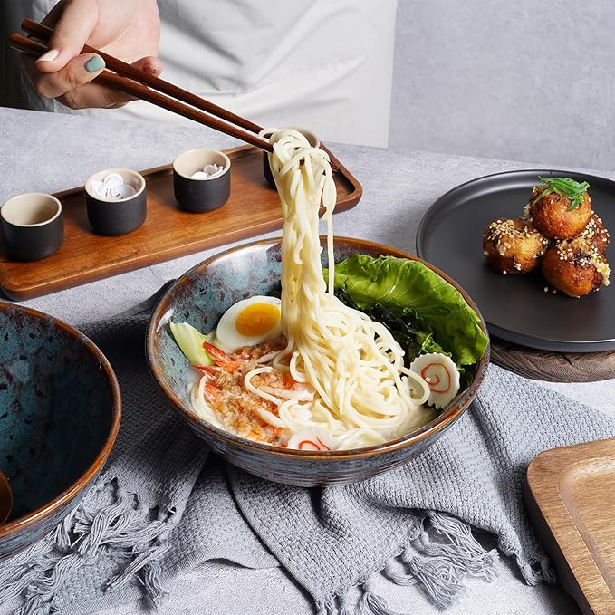 NUTRIUPS 8 Inch Ceramic Ramen Bowl Set of 2 Pho Bowls Japanese Noodle Udon Soup Bowls with Spoons and Chopsticks (Peacock Tail)