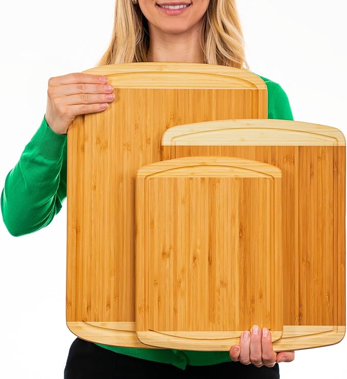 Organic Bamboo Cutting Boards for Kitchen Set of 3 with Lifetime Replacements – Premium Extra Large Wood Chopping Boards with Juice Grooves for Carving & Serving, Non-Toxic & Durable by Greener Chef
