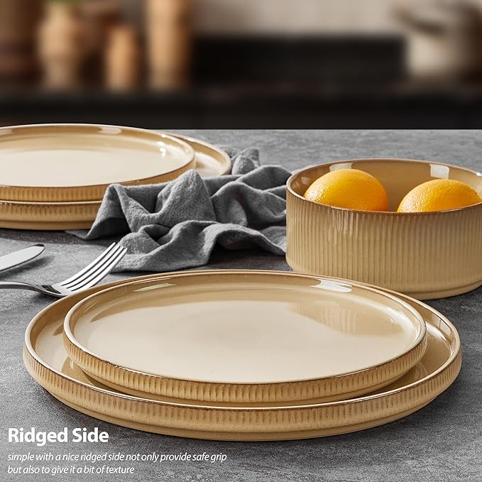 LIANYU 16 Piece Dinnerware Sets with Double Bowls, Ceramic Plates and Bowls Set for 4, Ribbed Stoneware Dishes, Microwave and Dishwasher Safe, Dune Khaki