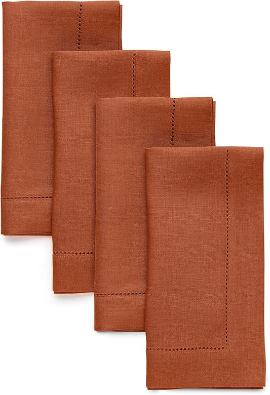Solino Home Linen Napkins Set of 4 - Classic Hemstitch 100% Pure Linen Cinnamon Dinner Napkins Cloth 20 x 20 Inch for Fall, Autumn, Winter, Thanksgiving - Handcrafted and Machine Washable