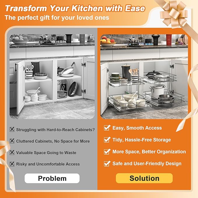 ALINE FURNITURE 2-Tier Pull Out Cabinet Organizer - 20" W x 22" D Soft Close Pullout Shelves with Shelf Liners - Slide Out Drawers for Kitchen Cabinets, Pantry, Bathroom, Heavy Duty Steel Wire Baskets