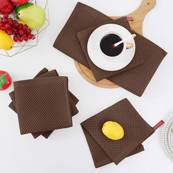 Homaxy 100% Cotton Waffle Weave Kitchen Dish Cloths, Ultra Soft Absorbent Quick Drying Dish Towels, 12 x 12 Inches, 12-Pack, Coffee