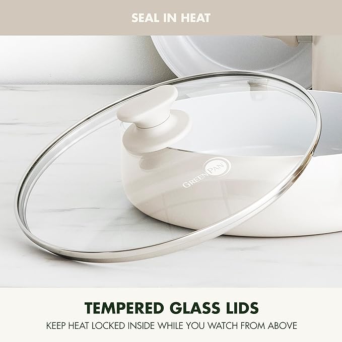 GreenPan Dover Healthy Ceramic Nonstick, 12 Piece Cookware Pots and Pans Set, PFAS-Free, Dishwasher Safe, Comfort Grip Handle, Cream White