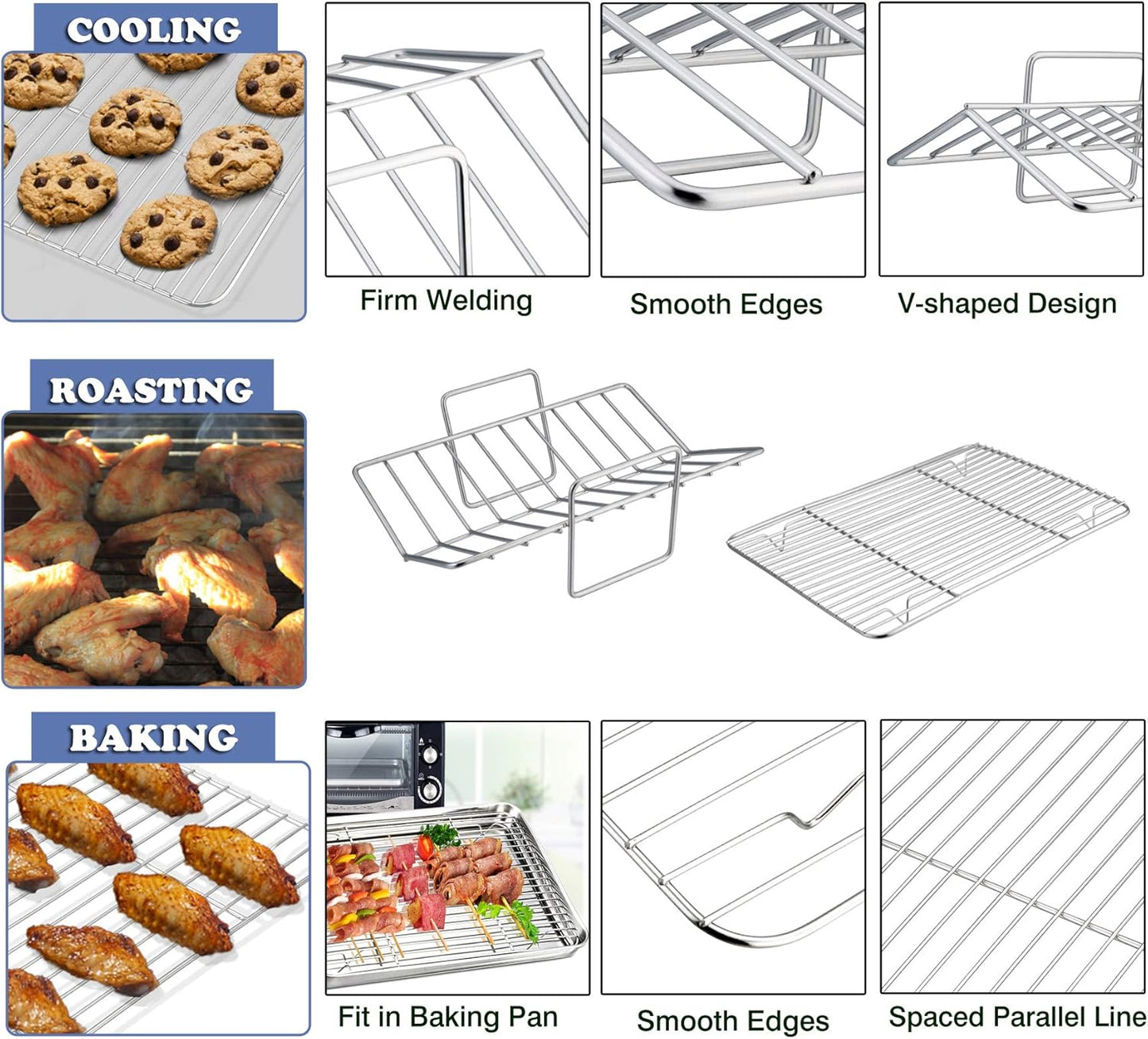 P&P CHEF 16" Roaster Roasting Pan with Baking Rack and V-shaped Rack, Stainless Steel Rectangular Lasagna Pan with Handles for Turkey Chicken, Healthy & Dishwasher Safe, 3 Pieces, Silver