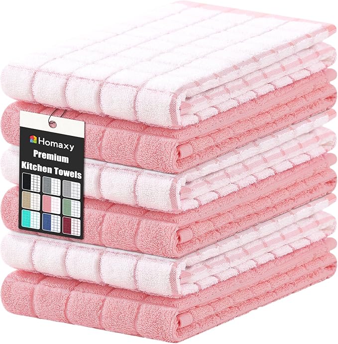 Homaxy Premium Cotton Kitchen Towels 16"x 28", Large Natural Ring Spun 390 GSM Dish Towels, Super Absorbent Terry Kitchen Hand Towels, Soft Tea Towel with Hanging Loop, Pink Check Design, 6 Pack