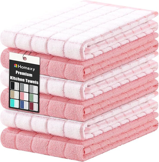 Homaxy Premium Cotton Kitchen Towels 16"x 28", Large Natural Ring Spun 390 GSM Dish Towels, Super Absorbent Terry Kitchen Hand Towels, Soft Tea Towel with Hanging Loop, Pink Check Design, 6 Pack