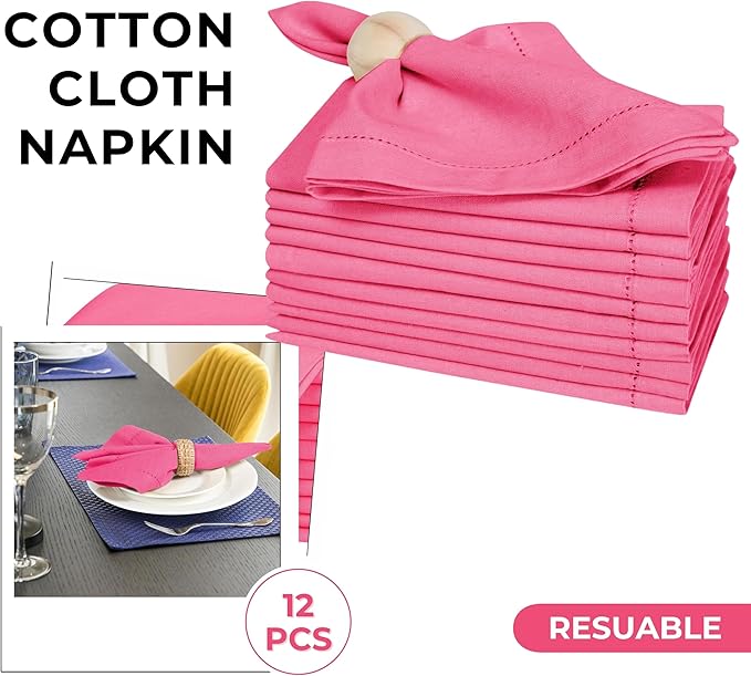 Bedding Craft 100% Cotton Cloth Dinner Napkins Set of 12 – 18x18 Baby Pink Hemstitched – Soft Durable Machine Washable Fabric Napkins for Weddings, Parties & Holidays