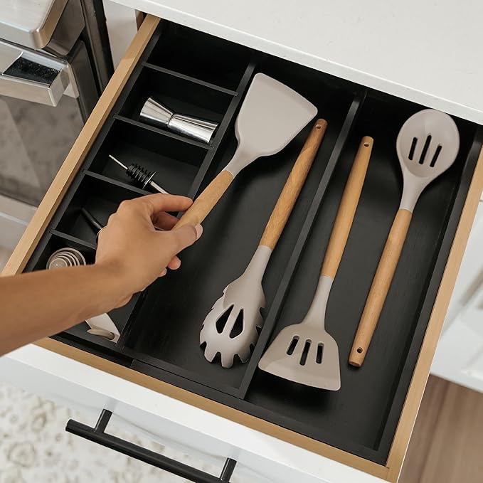 KitchenEdge Adjustable Kitchen Drawer Organizer for Utensils and Junk, Food-Safe Contract Grade with 100% Sustainable Wood, Expandable from 10.5 to 19 Inches Wide - Black Bamboo
