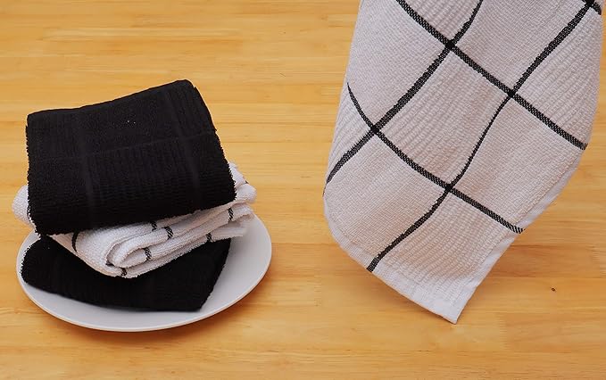 AMOUR INFINI Kitchen Towels Pack of 4 Absorbent, Quick Drying Premium Terry Cotton Dish Towel with Hanging Loop 16x28 Inch Hand & Tea Towels (Black)