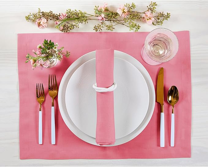 Solino Home Linen Cloth Placemats Set of 4 - 100% Pure Linen Pink Carnation Placemats 14 x 19 Inch - Fete