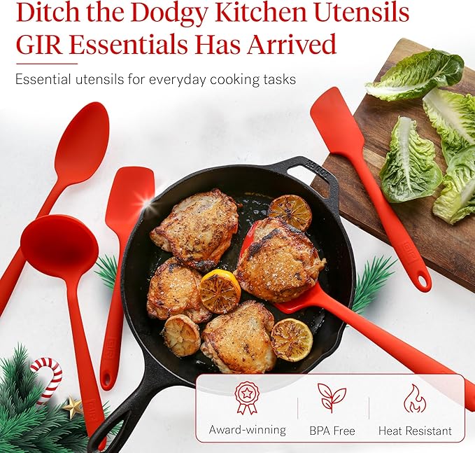 GIR: Get It Right 5-Piece Silicone Essentials Kitchen Utensils Set - Ladle, Spatula, Flip, Spoon & Spoonula - Non-Toxic Cooking Utensils for Nonstick Cookware, Cooking and Baking - Fire Red