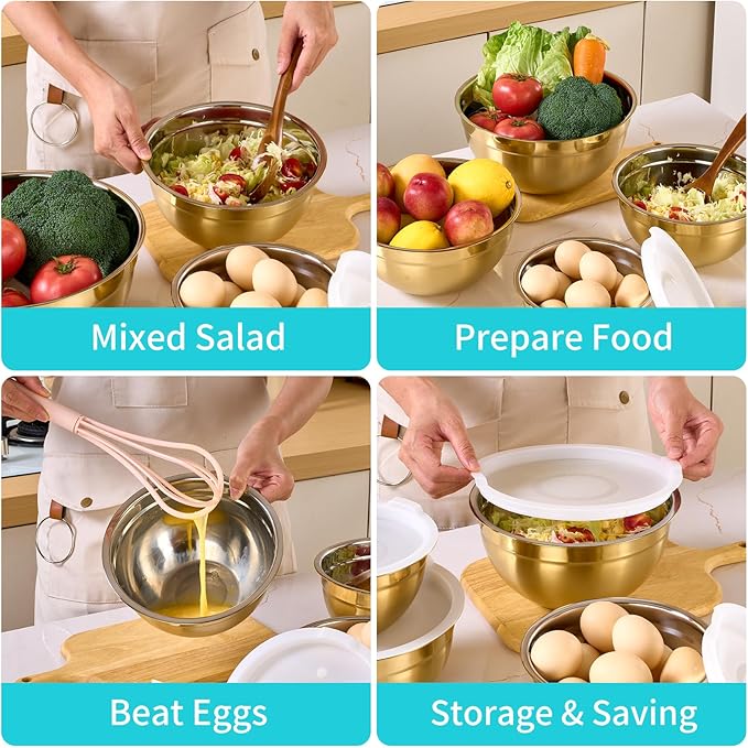 6 Piece Gold Mixing Bowls Set With Lids for Kitchen - Stainless Steel Ideal for Baking, Prepping, Cooking and Serving Food - Nesting Metal Bowls for Space Saving Storage