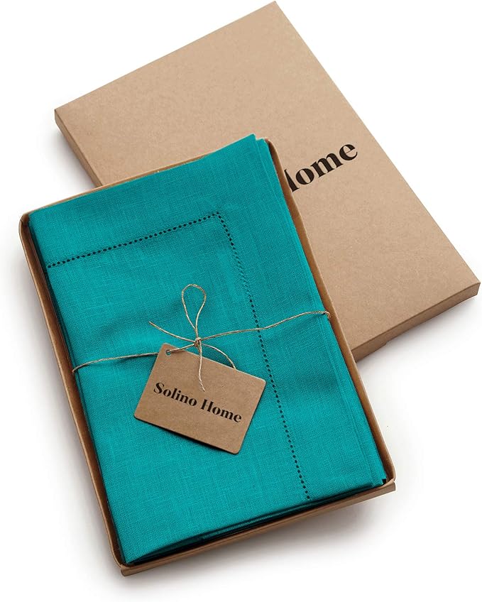 Solino Home Linen Napkins Set of 4 - Classic Hemstitch 100% Pure Linen Teal Dinner Napkins Cloth 20 x 20 Inch for Fall, Autumn, Thanksgiving, Christmas - Handcrafted and Machine Washable