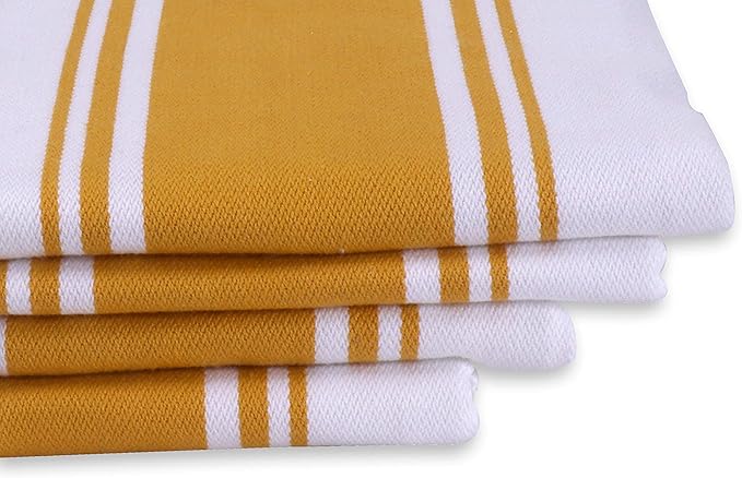 AMOUR INFINI Kitchen Towels 100% Cotton Pack of 4, Highly Absorbent Quick Drying Premium Striped Dish Towel for Kitchen with Hanging Loop Hand & Tea Towels (Yellow)
