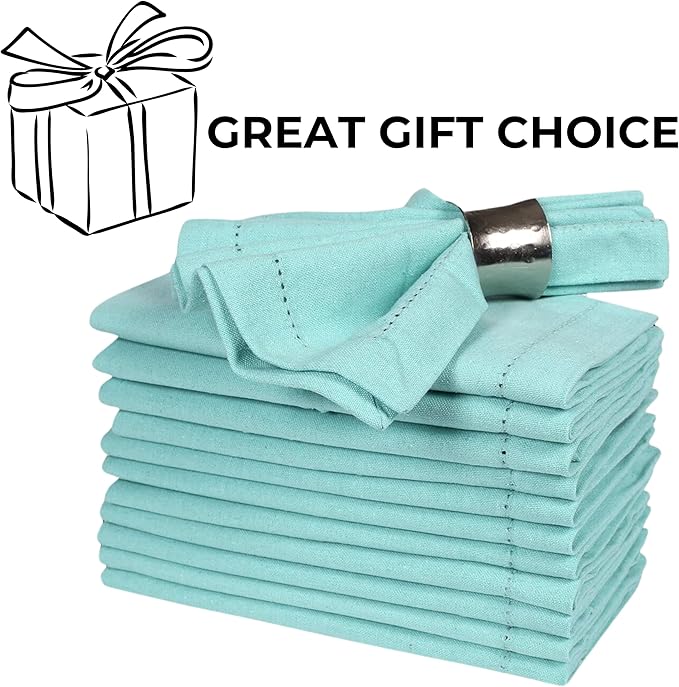 Bedding Craft Cotton Cloth Dinner Napkins Set of 12 – 18x18 Aqua with Hemstitched Mitered Corners – Reusable Machine Washable Napkins for Weddings, Parties & Table Decorations