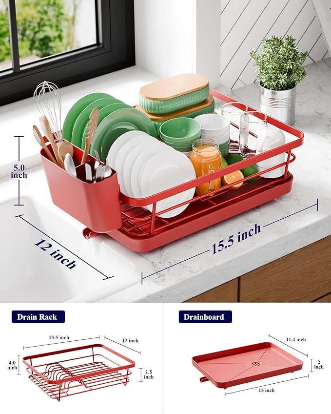 Kitsure Dish Drying Rack for Kitchen Counter, Stainless Steel Sink Organization and Storage Essentials with Cutlery Holder, Home and Appartment Decor, 12''W x 15.5''L, Red