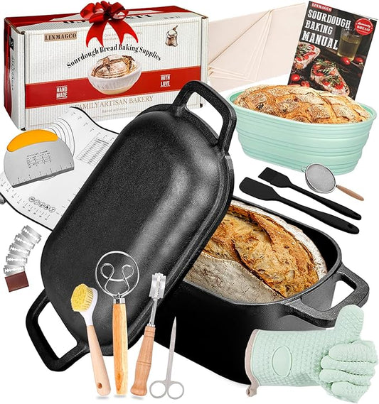 Dutch Oven for Bread Baking-3.6QT Oval Cast Iron Pot Bread Pan with Lid-Sourdough Bread Baking Supplies Starter Kit