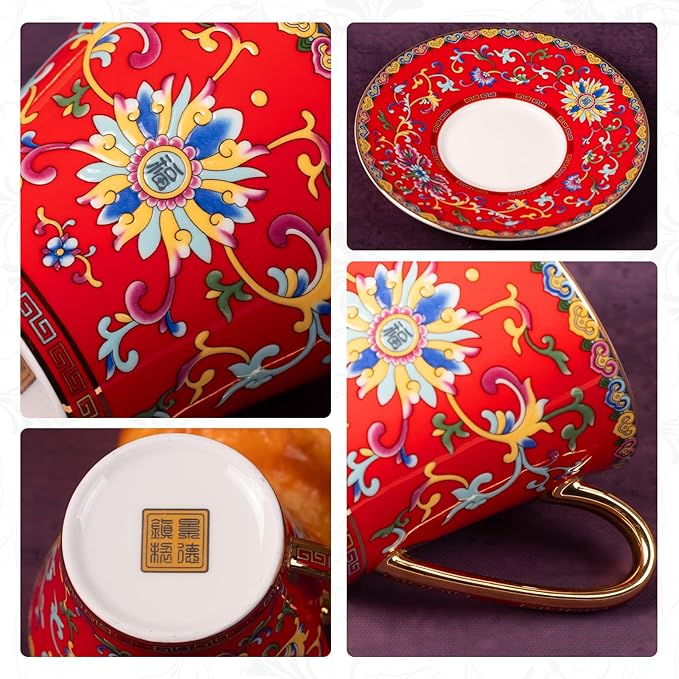 KAMMAK Tea Cups and Saucers Set of 2, Porcelain Coffee Cup with Saucer for Espresso, Cappuccino, 8oz Vintage Red and Blue Ceramic Demitasse Mug for Home, Tea Party, Office