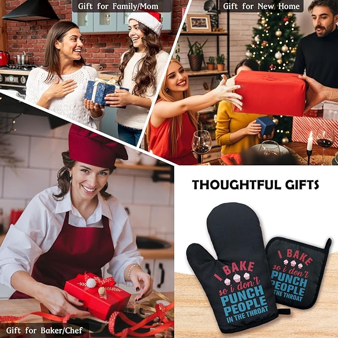 ZHANTUONE I Bake So I Don't Punch People in The Throat Funny Heat Resistant Oven Mitts and Pot Holders Set with Silicone Non-Slip, Women Bakers Cooking Baking Gadgets, Gifts for Chef Hostess Mom