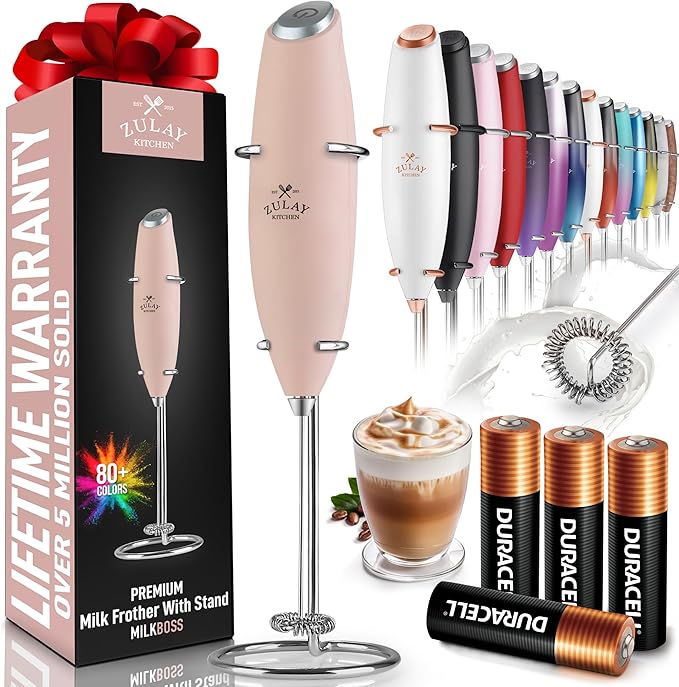 Zulay Kitchen Powerful Milk Frother Wand With 4 AA Duracell Batteries - Ultra Fast Handheld Drink Mixer - Electric Whisk Foam Maker for Coffee, Lattes, Cappuccino, Matcha & Creamer