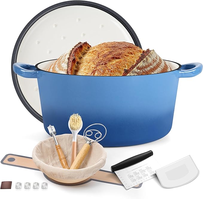 E-far Enameled Dutch Oven Pot for Bread Baking, 6QT Enameled Cast Iron Cookware with Self-Basting Lid & Sourdough Bread Baking Supplies, Heavy Duty Casserole Pot & Dual Handles-Blue