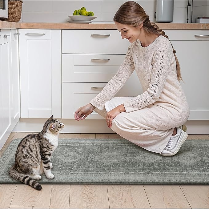 GENIMO Kitchen Mats for Floor 2PCs, Washable Anti Fatigue Mat for Cushioned, 17.3"x59"+17.3"x30", Waterproof Kitchen Rugs, Non Slip Comfort Standing Mat Rug for Home, Sink, Laundry, Grey