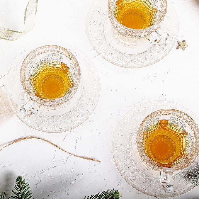 Glass Tea Cups and Saucers Set of 6 - Vintage Coffee Mugs -Teacups Set for Espresso Cappuccino Latte Tea - Dishwasher Microwave Safe (7OZ / 210ML)