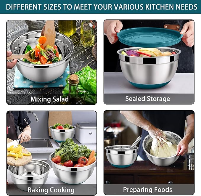 LIANYU Stainless Steel Nesting Mixing Bowls Set of 6, Size 7, 3.5, 2.5, 2, 1.5, 1QT, Large Metal Bowls for Cooking, Baking, Food Storage, Non-slip Bottom & Airtight Lids, Dark Blue