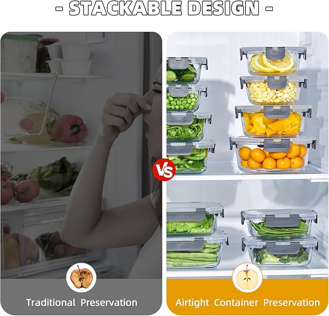 24 Pieces Glass Meal Prep Containers, Glass Food Storage Containers with Lids, Reusable Airtight Leakproof Lunch Bento Boxes Freezer, Microwave Oven and Dishwasher, Gray