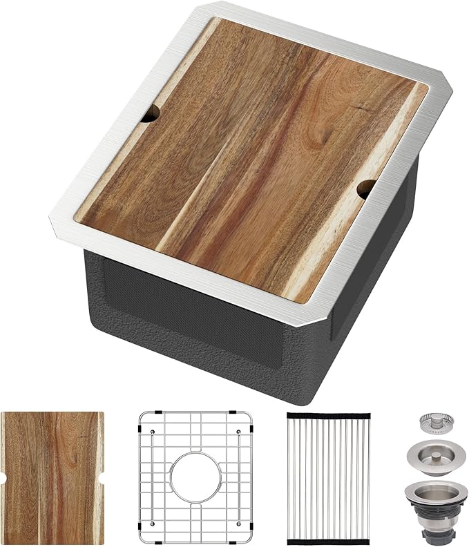 Undermount Bar Sink 12x15 Inch Kitchen Sink Single Bowl Workstation 16 Gauge Stainless Steel 8 In Deep Small Bar Sinks with Practical Accessories