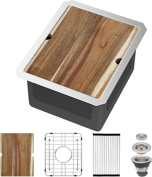 Undermount Bar Sink 12x15 Inch Kitchen Sink Single Bowl Workstation 16 Gauge Stainless Steel 8 In Deep Small Bar Sinks with Practical Accessories